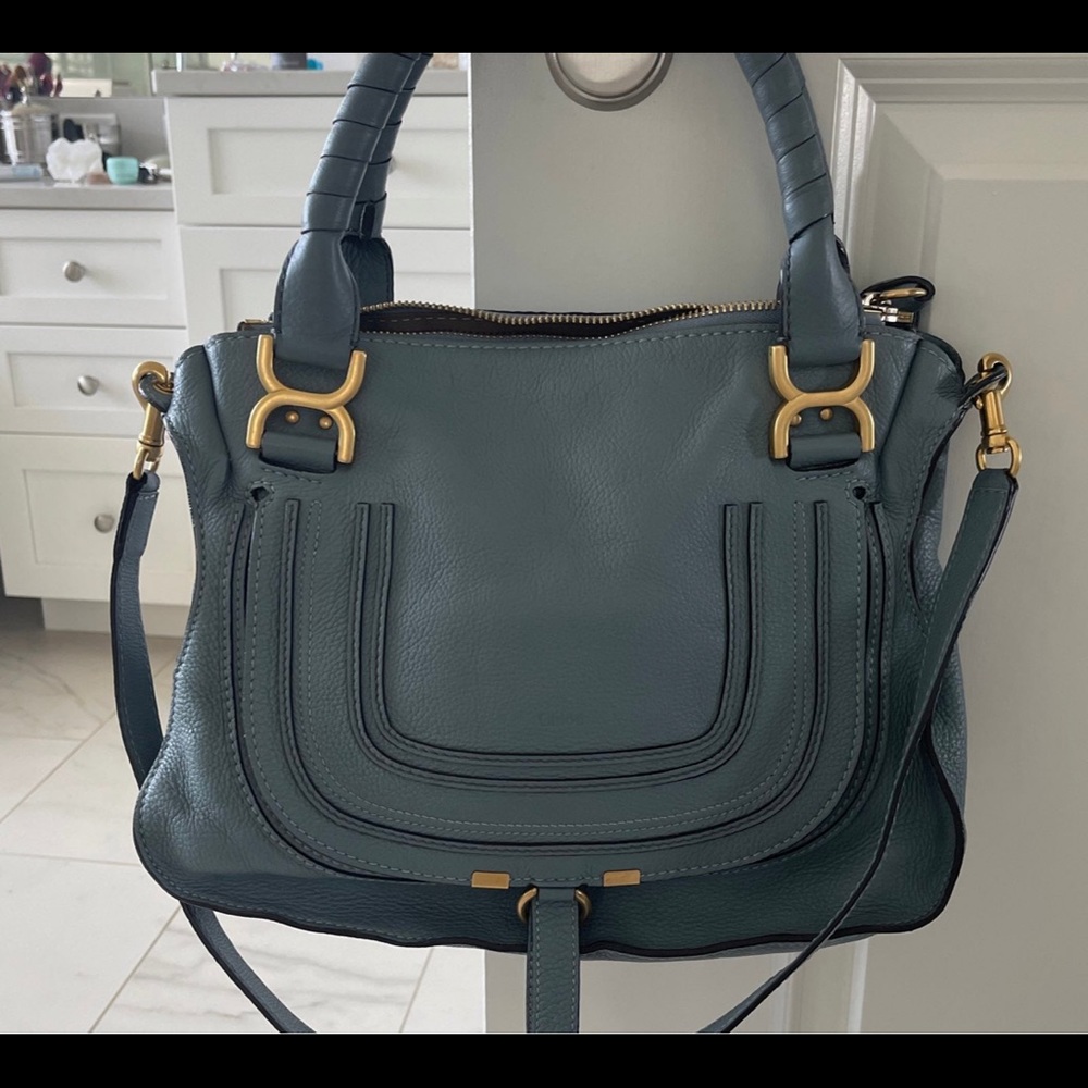 Chloe Marcie Medium Zip Leather Satchel Bag in cloud blue